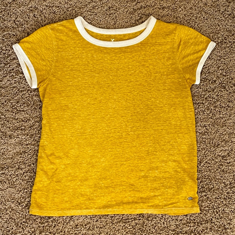 American Eagle Mustard Yellow Tee with White Trim